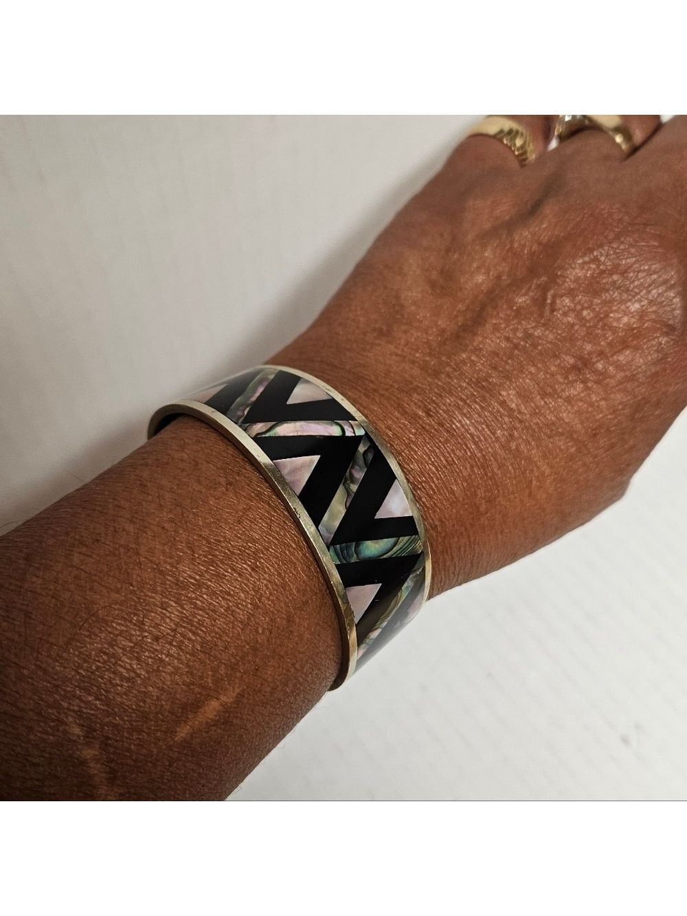 Vintage Alpaca Mexico Silver Half Cuff Bracelet with Embedded Enamel & Abalone